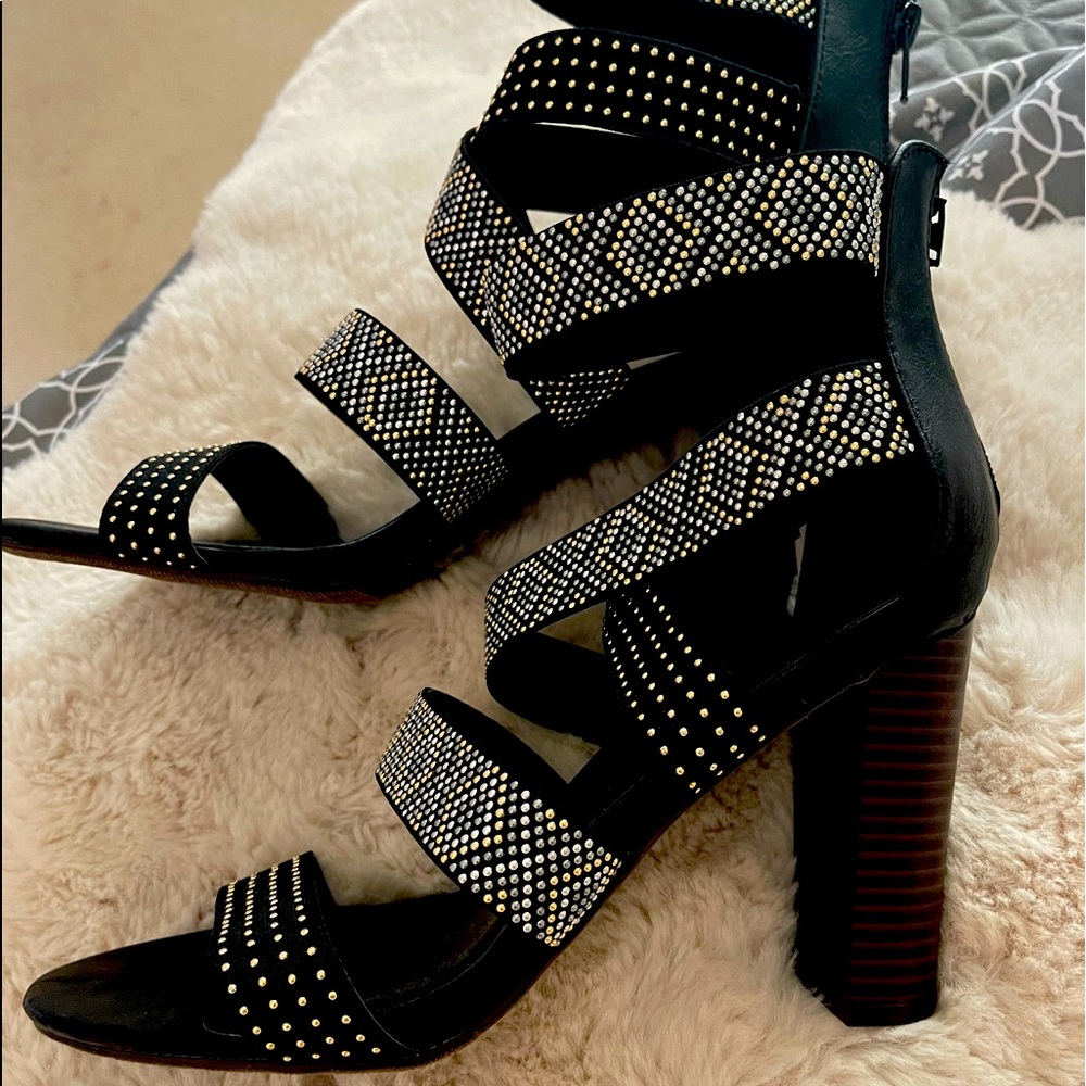Chunky heel, zip up back with embellished Sequins, rhinestones, studded detail.